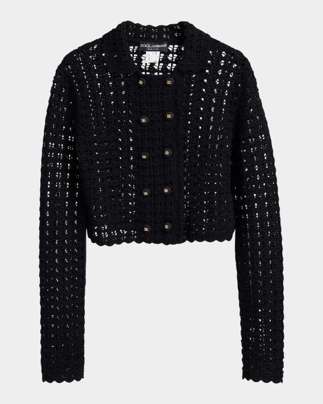 Double-Breasted Crochet Knit Crop Jacket